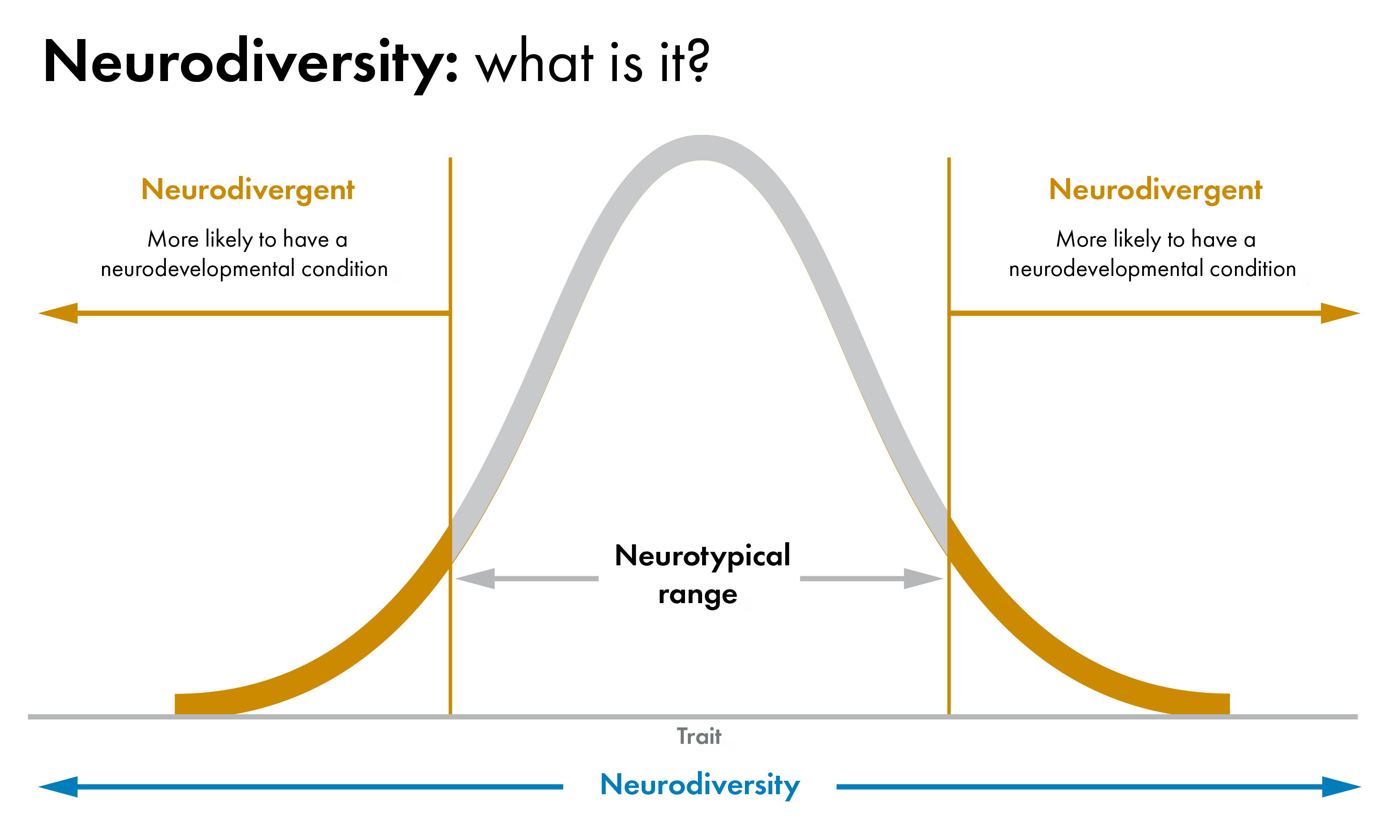 This graph shows a bell curve with a neurotypical range of traits in the centre and neurodivergent either side.